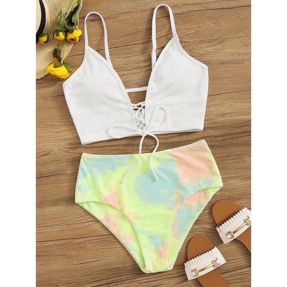 Shein Tie Dye Rib Lace-Up Bikini Swimsuit Size Medium - Picture 1 of 16